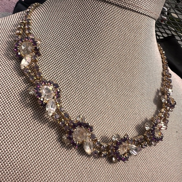 Vintage Purple Rhinestone Statement Necklace Mid-Century Glam Choker / Collar - Picture 4 of 4